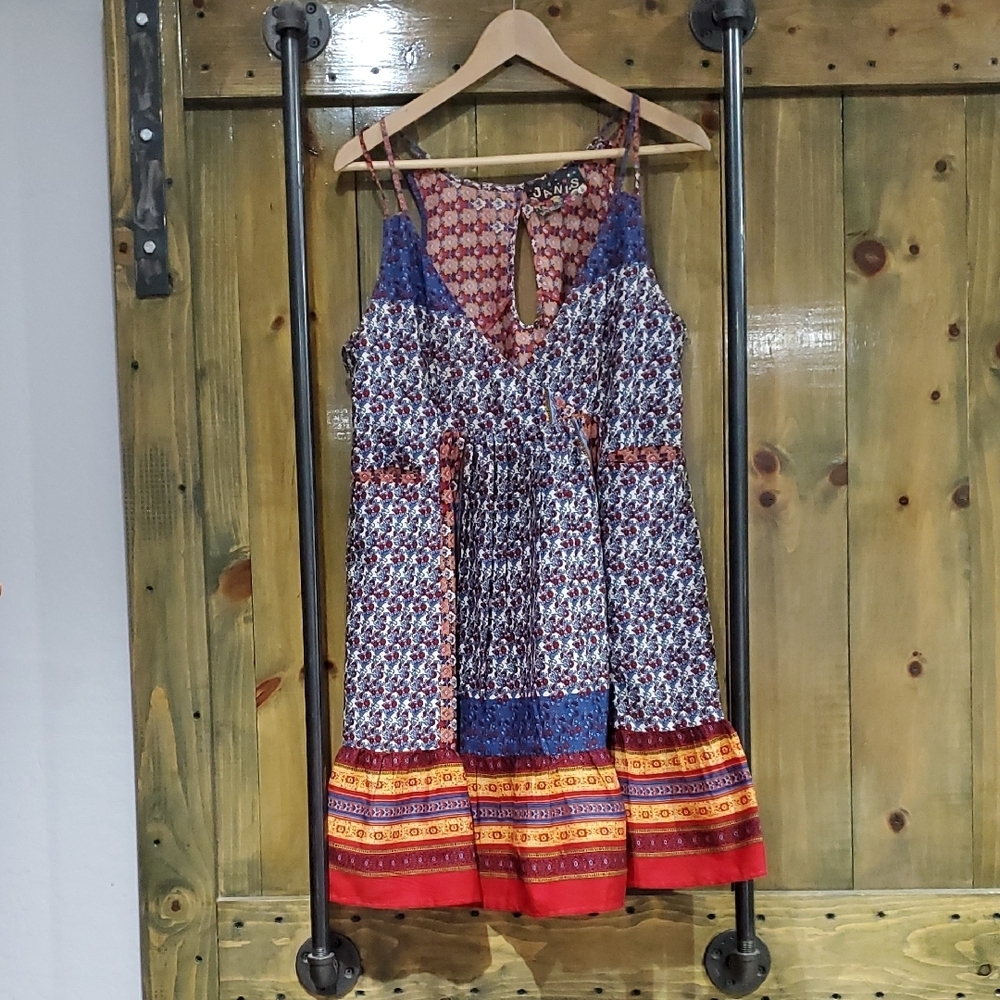 Multicolor Boho Mini Dress Artsy Flowy Western Prairie Cottage Gypsy Festival